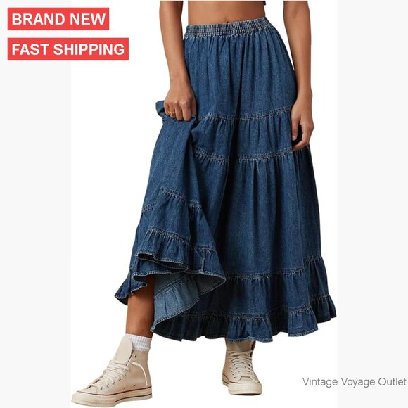 High Waist Elastic Maxi Skirt Pleated Tiered Flowy Denim A-Line